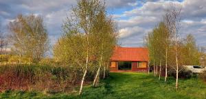 a house with a red roof and some trees at Plantacja Wierzby Agroturystyka in Haczów