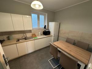 a kitchen with a wooden table and a refrigerator at Apartament Kleopatra in Gniezno