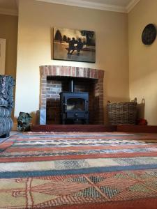 a living room with a fireplace and a rug at Ty Llwyd in Treffynnon 
