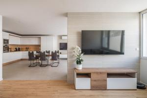 a living room with a large flat screen tv on a wall at Au coeur de Valence - Parking gratuit - Entièrement climatisé in Valence