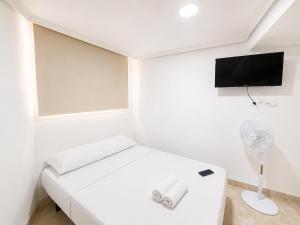 a white room with a bed and a flat screen tv at Hospedaje La Campana in Madrid