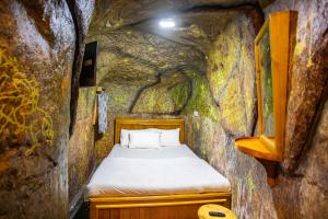 a bed in a cave with graffiti on the wall at Lilly's Valley Resort in Kodaikānāl