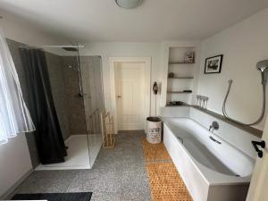 a bathroom with a tub and a shower and a sink at Ferienwohnung im Künstlerhaus KUSCH in Schönsee +11 photos