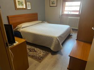 a small bedroom with a bed and a television at Albergo Milena in Gardone Val Trompia