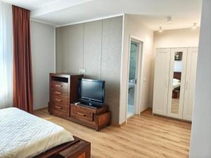 a bedroom with a bed and a tv on a dresser at Otopeni Garden Hotel in Otopeni