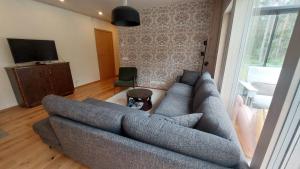 a living room with a gray couch and a television at Kloogaranna Seaside Cottage in Kloogaranna