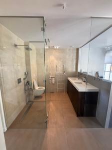 a bathroom with a shower and a toilet and a sink at Zwols stadshuis in Zwolle +6 photos