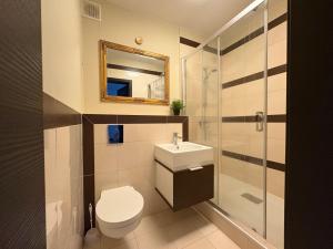 a bathroom with a toilet and a sink and a shower at Biały Dom in Gdańsk +15 photos