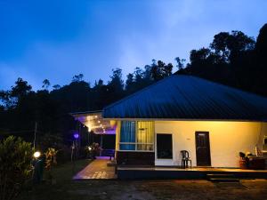 a small house with a blue roof at night at EcoHills in Anachal