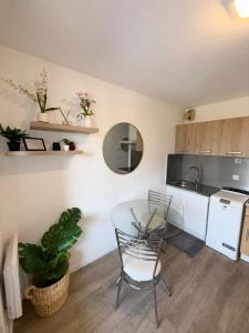 a small kitchen with a glass table and a sink at Paisible studio fonctionnel in Cluses +6 photos