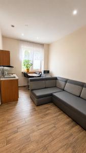 a living room with a couch and a kitchen at Apartament Bielsko in Bielsko-Biała