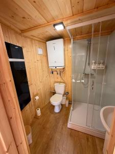 a small bathroom with a toilet and a shower at Forest Marina 