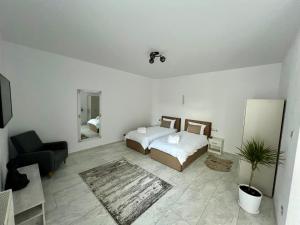 a bedroom with two beds and a chair and a couch at Casa Racolța Central Garden in Câmpia Turzii