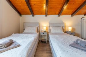 two beds in a room with wooden ceilings at Villa Loznati in Cres