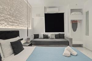 a living room with a couch and a tv at Doliva Studio 6 with private pool in Agios Gordios
