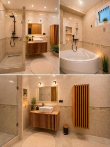 two pictures of a bathroom with a tub and a sink at Sleep Good by Adria 
