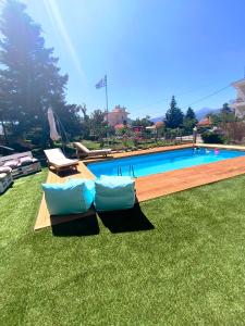 a swimming pool with two pillows sitting on the grass at Pool house Axiothea in Neméa