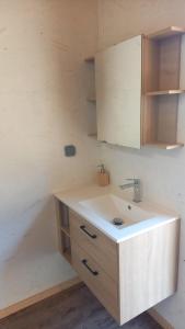a bathroom with a sink and wooden cabinets at La Yourte Un Autre Monde in Le Hohwald
