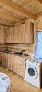 a kitchen with a washing machine in a wooden cabin at კერა მთაში Kera Mtashi in Ambrolauri