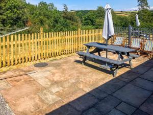 a picnic table and an umbrella on a patio at Bluetit Cottage in Kings Nympton