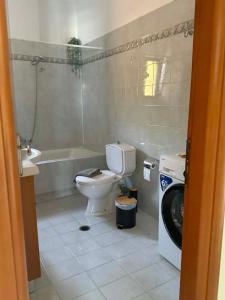 a bathroom with a toilet and a washing machine at Vythos Occidens in Plataria +12 photos