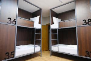 two bunk beds in a room with numbers on them at GAIA Hostel in Türkistan +5 photos