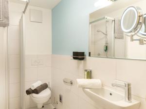 ein Badezimmer mit Toilette, Waschbecken und Spiegel in der Unterkunft Mr Franks in Sulzbach-Rosenberg