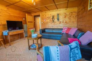 a living room with a leather couch and a television at Cosy Chalet in Brig-Glis in Glis