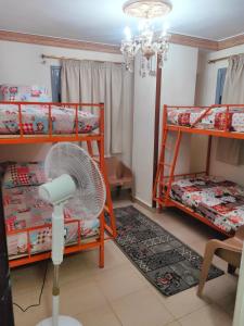 a room with three bunk beds and a fan at شقق وهوستل قصر الشباب للمصريين و المقيمين فقط Youth Palace Hostel & Apartments for Egyptians & Residents Only in Alexandria