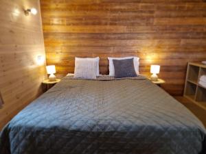 a bedroom with a blue bed with two lamps at Lukstas Rest Park in Graužai