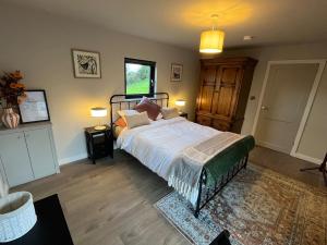 a bedroom with a bed and a chair and a window at Glassdrumman Stables in Ballynahinch