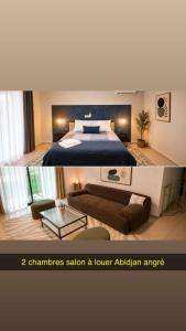 two pictures of a bedroom with a bed and a couch at Hcp appartement in Abidjan