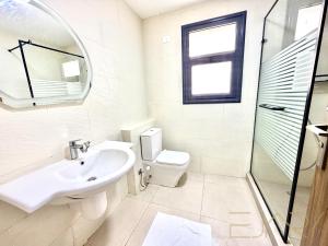 a bathroom with a sink and a toilet and a mirror at Gaia 2BR First Floor Apartment in El Dab‘a