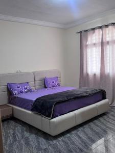 a bedroom with a bed with purple sheets and a window at Tatkaba résidence in Conakry
