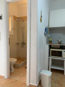 a bathroom with a shower and a toilet and a sink at Aegean Overlook Studios in Parikia +158 photos