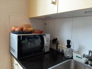 a microwave with a plate of fruit on top of it at Bern room near Main Station in Bern