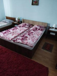 a large bed in a room with a red rug at Casa Hirta in Ocna Şugatag