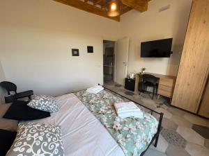 a bedroom with a bed and a desk at Oliveta del Tabernacolo in Malmantile