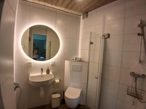 a bathroom with a sink and a toilet and a mirror at Bungalow Vulkanblick in Manderscheid +13 photos