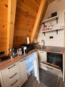 a kitchen with a stove and a sink in a cabin at Cottage Magdalena in Žabljak