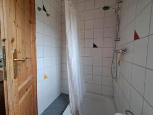 a bathroom with a shower with a shower curtain at Ferienwohnung Kleine Auszeit in Bastheim