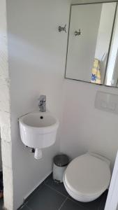 a white bathroom with a toilet and a sink at Green House Copenhagen in Copenhagen