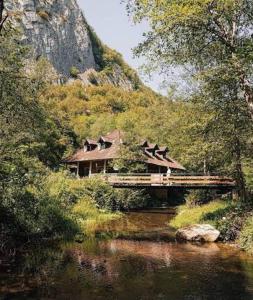 a house sitting on a bridge over a river at Apartman Anastasija in Guča