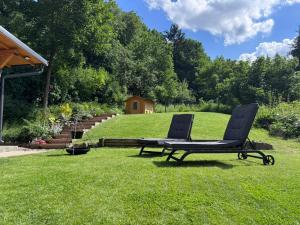 two chairs sitting on the grass in a yard at Altum Mátra Vendégház in Mátraszentimre