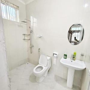 a white bathroom with a toilet and a sink at Uroa Beachfront Apt Direct Sand in Uroa +38 photos