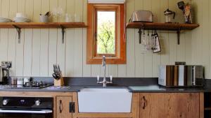 a kitchen with a sink and a microwave at Bertha Shepherd's Hut in Lydney +13 photos