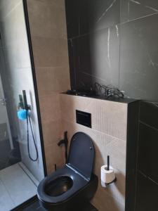 a bathroom with a black toilet and a shower at Donath park view in Baciu