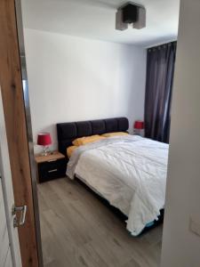 a bedroom with a bed with a black headboard at Donath park view in Baciu