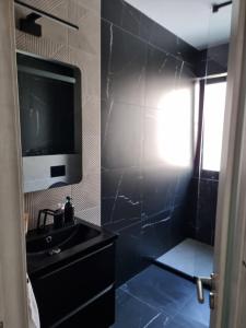 a bathroom with a sink and a tv on the wall at Donath park view in Baciu
