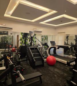 a gym with a bunch of equipment in a room at Apartment60 in Lagos